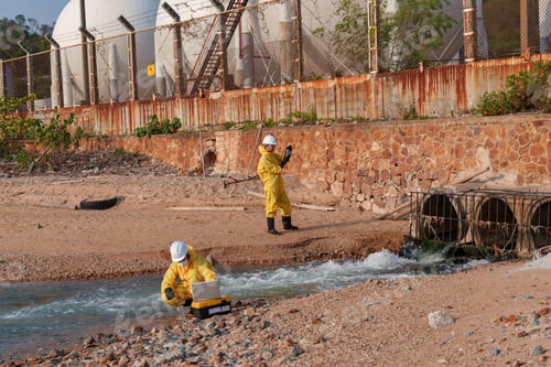 Preview: Workers collect samples by the water in a coastal area near storage tanks in the afternoon