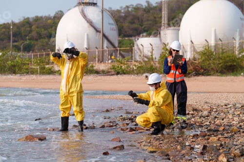 Preview: Workers collect samples at the shoreline near an industrial area in a coastal region during daylight