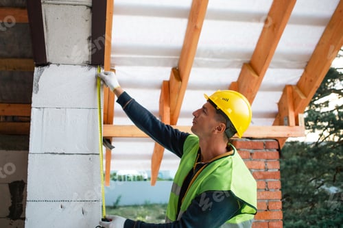 Preview: Worker places roof lag against wall, using pencil for marking, modern timber house roofing, early co