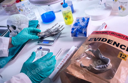 Preview: Forensic scientist investigates hand of adult skeleton in a crime lab, concept image