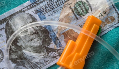 Preview: Detail of rubbers of a drip irrigation equipment in dollar, conceptual image