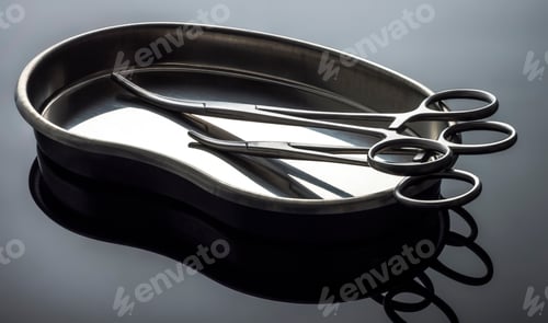 Preview: Some scissors for surgery on a tray, conceptual image, horizontal composition