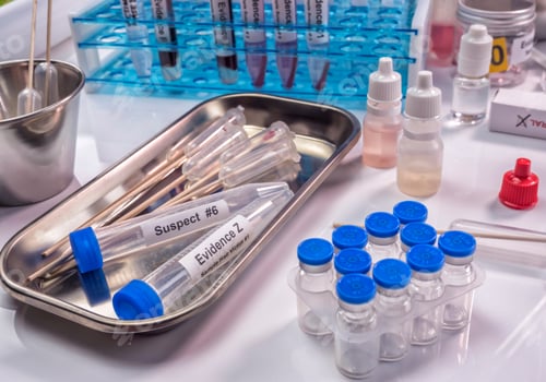Preview: Hematological analysis with forensic test kit in a murder in a crime lab, conceptual image