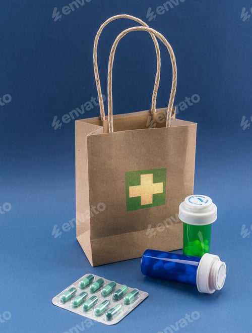 Preview: Several medicines with a cardboard bag, conceptual image