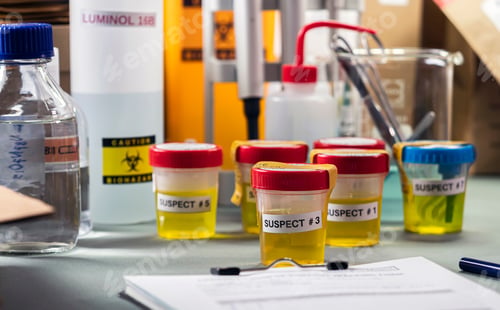 Preview: Various containers with human urine, crime lab, murder suspects labelled on each, conceptual image