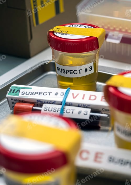 Preview: Various analyses of urine, saliva and blood of homicide suspects in crime lab, conceptual image.