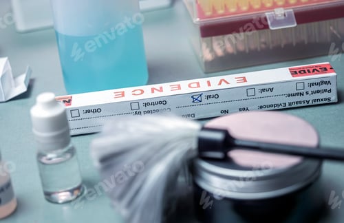 Preview: Evidence box swab with traces of blood for murder investigation in crime lab, concept image