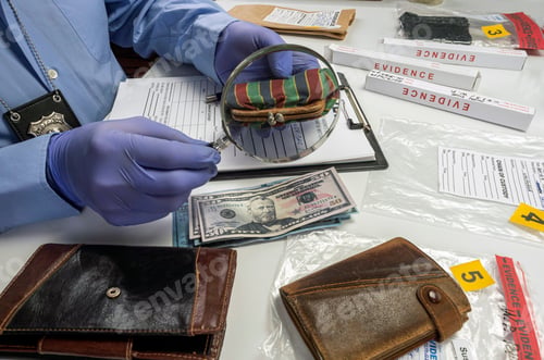 Preview: Scientific police investigate with a magnifying glass traces of blood on a purse implicated in murde