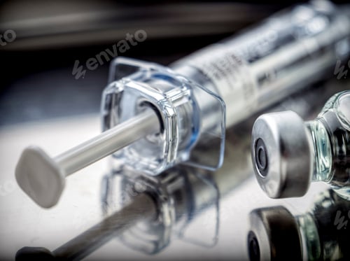 Preview: Syringe vintage next to vials, conceptual image