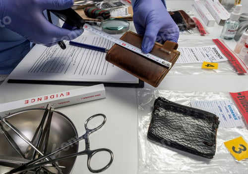Preview: Specialised police officer measures wallet in crime lab, conceptual image