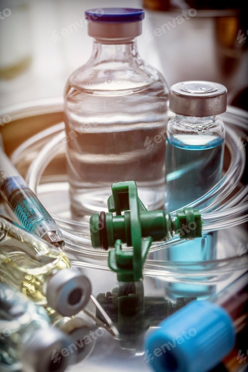 Preview: Multiple vial and syringe in a tray metal, conceptual image