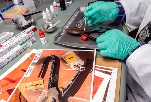 Preview: Police scientist extracts DNA sample from a pair of pliers in a crime lab, concept image