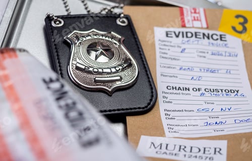 Preview: Police badge next to evidence bag, concept image