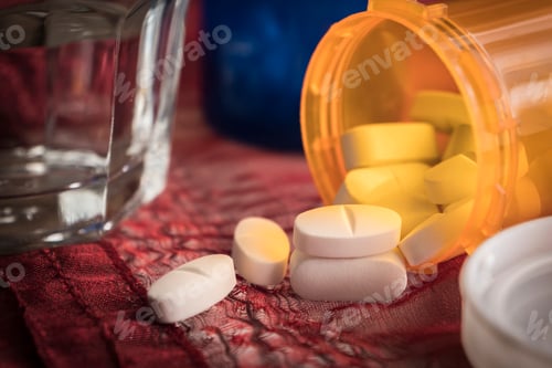 Preview: White Pills spilling from an open ambar bottle