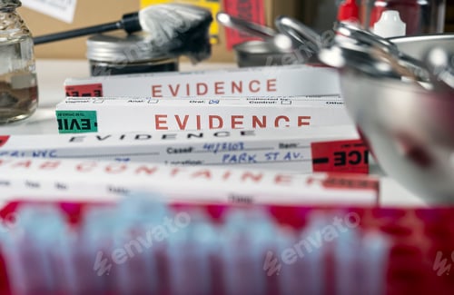 Preview: Files and evidence bag in a crime lab, conceptual image