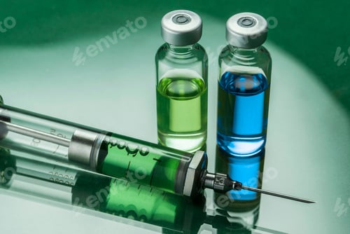 Preview: Several vials and syringe in laboratory, conceptual image