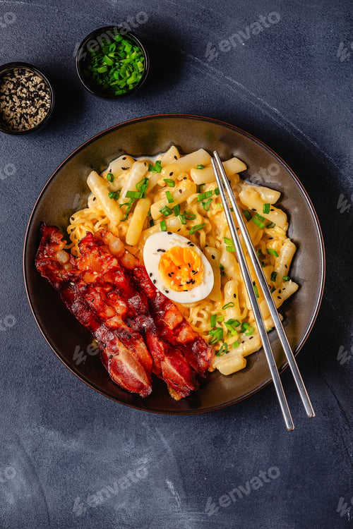 Preview: Korean street food - creamy rapokki served with bacon and egg.