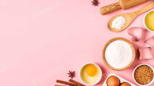 Preview: Ingredients and utensils for baking on a pastel background.
