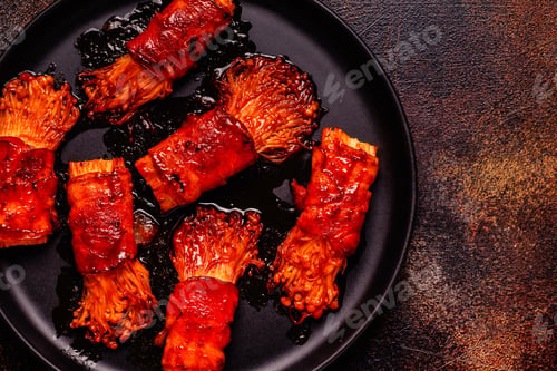 Preview: Bacon roll with enoki mushroom grilled with sauce.