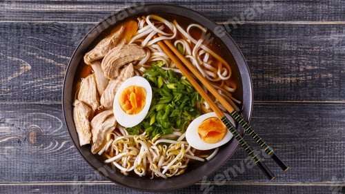 Preview: Japanese ramen soup with chicken, egg, chives and sprout.