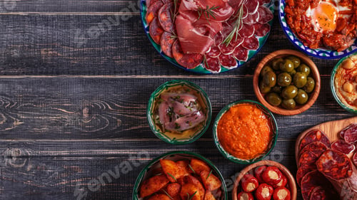 Preview: Typical spanish tapas concept, rustic style, top view.