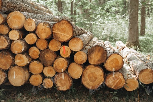 Preview: Close up of cut tree trunks stacked together in forest environment, natural textures, timber product