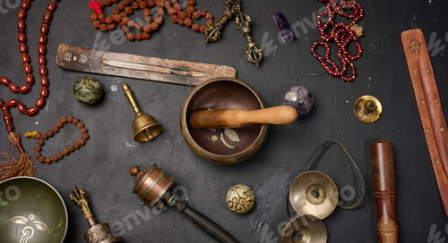 Preview: Tibetan singing bowl, wooden resonator, ritual vajras, bell, prayer wheel, rosary beads, and incense