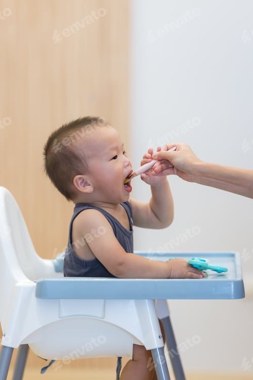 Preview: Mother feeding baby with care at cozy home