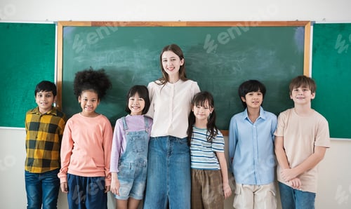 Preview: Portrait of teacher and group of multicultural students sit in classroom, asian caucasian children t