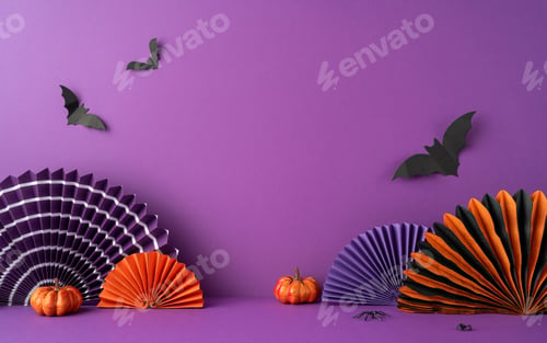 Preview: Halloween themed side view arrangement featuring pumpkins, bats