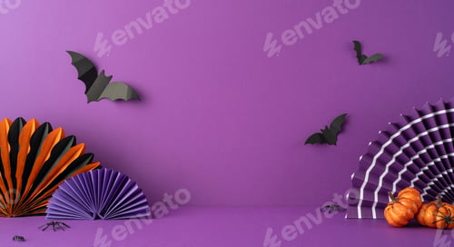 Preview: Vivid purple side view backdrop featuring black bats, mini pumpkins, and colorful paper crafts