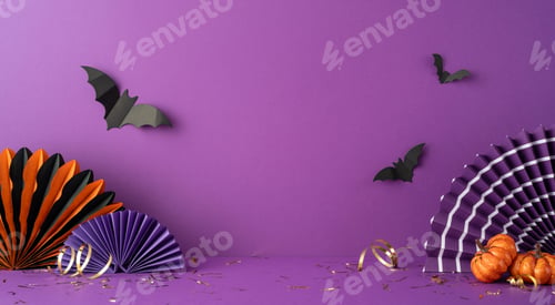 Preview: Festive Halloween side view display with vibrant paper fans, miniature pumpkins