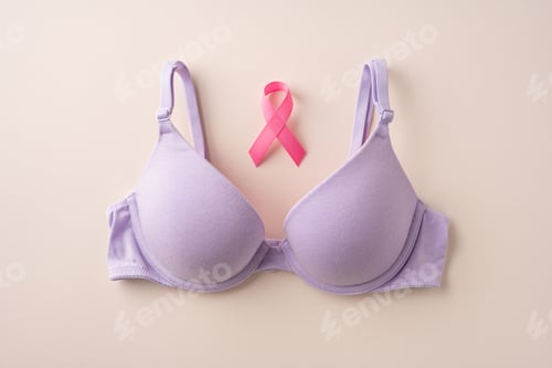 Preview: Pink ribbon symbolizing breast cancer awareness placed near a light colored bra on beige surface