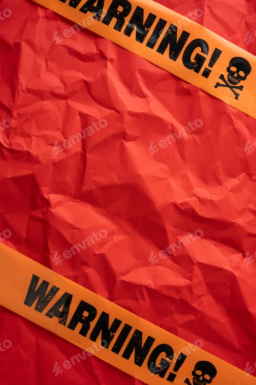 Preview: Caution tape over a vertical vibrant red background symbolizing warning