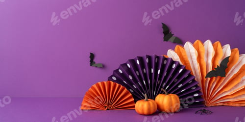 Preview: A vibrant Halloween-themed side view arrangement featuring pumpkins, black bats