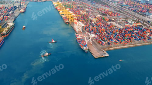 Preview: busy container terminal at a commercial port during active operations. Featuring tugboats maneuverin
