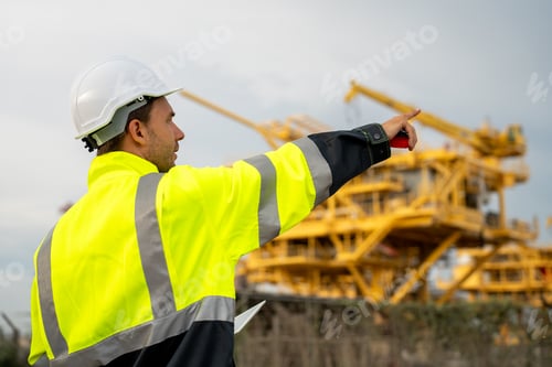 Preview: Industrial engineer using a walkie-talkie radio at an offshore energy platform facility. Concept of