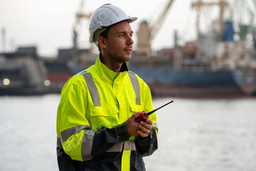 Preview: Marine engineer communicating via walkie-talkie at a busy commercial port terminal with a blurred ca