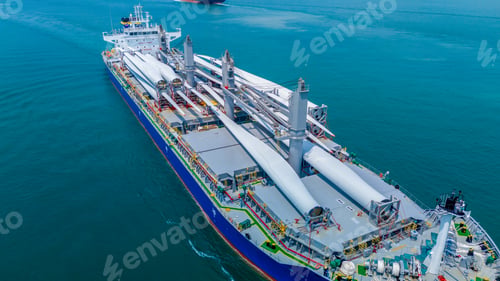 Preview: Large heavy lift cargo ship transporting massive wind turbine blades across the deep blue ocean. Glo