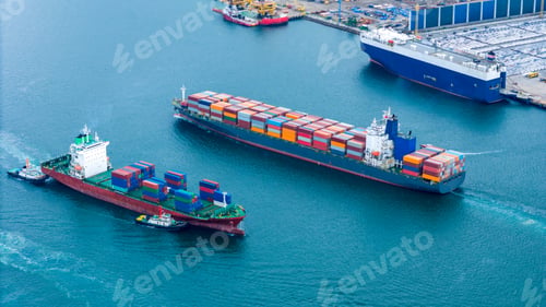 Preview: Commercial cargo container ships and a vehicle carrier vessel operating at a busy maritime port term