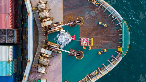 Preview: bow of a large cargo ship. Showing heavy mooring winches, anchor chains, equipment on the green deck