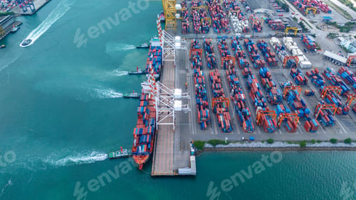 Preview: multiple tugboats assisting and maneuvering large container ships in a busy industrial harbor. Conce
