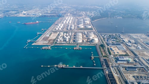 Preview: Large industrial petroleum refinery plant and oil storage tank farm at maritime loading terminal. Gl