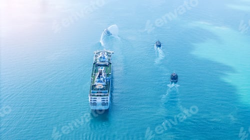 Preview: luxury cruise ship escorted by three tugboats in clear turquoise ocean water. One tugboat performing