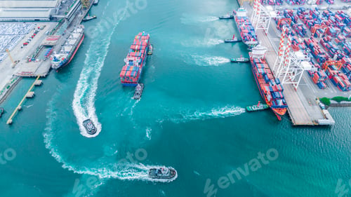 Preview: multiple tugboats assisting and maneuvering large container ships in a busy industrial harbor. Conce