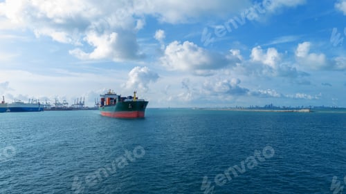 Preview: Side view of a large green cargo container ship sailing on the sea under a bright blue sky with fluf