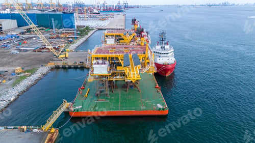 Preview: Offshore Oil and Gas Platform Structure Loaded on a Heavy Transport Barge With a Supply Vessel at a
