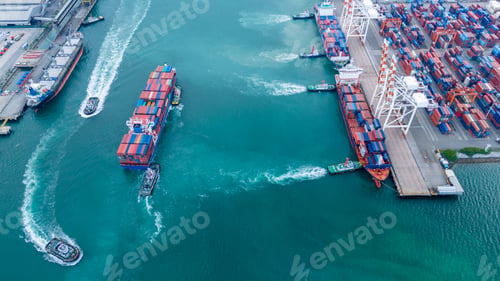 Preview: Busy cargo container shipyard commercial multiple cargo container ships docking and tugboats maneuve