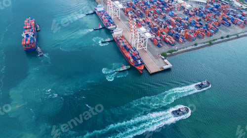 Preview: multiple tugboats assisting and maneuvering large container ships in a busy industrial harbor. Conce