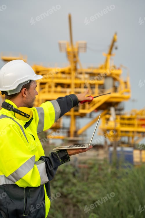 Preview: Industrial engineer operating a laptop computer with a walkie-talkie at an offshore energy platform